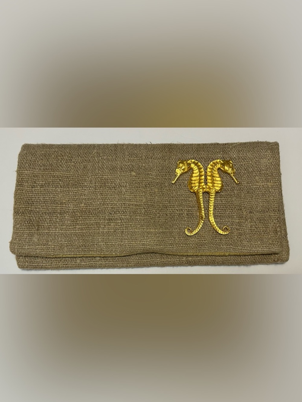 Queen Bea Elegant Gold Seahorse Accent Burlap Clutch - Taupe